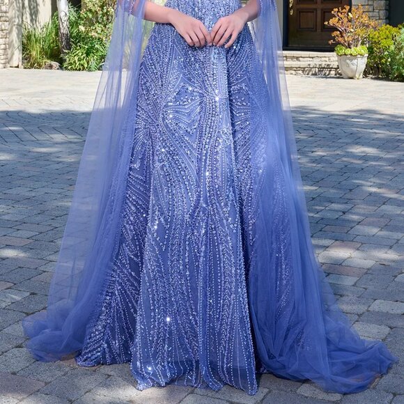 New Smoky Blue Beaded Maxi Mother Of Bride Mesh Gown w/ Cape Sleeves GL3833 - Picture 8 of 13
